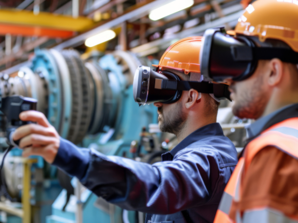 Two individuals wearing hard hats using VR training