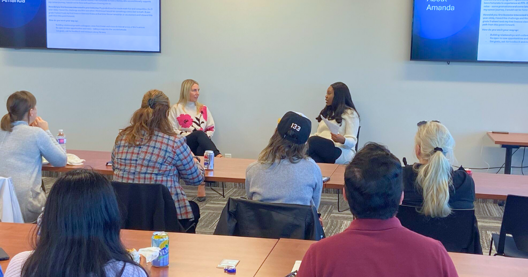 Amanda Soares, VP of Finance for ATS Industrial Automation, leading a discussion and Q&A on "Navigating Career Growth: Insights on Advancing Within the Same Organization."