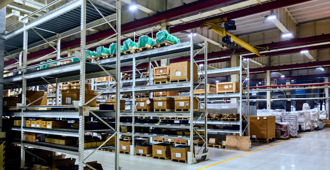 Spare parts warehouse with multiple racks of parts