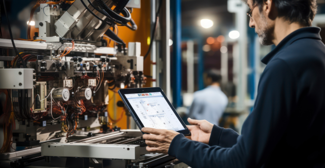 Man working on a computer near production equipment reviewing data.