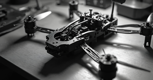 Black and white photo of a drone being assembled