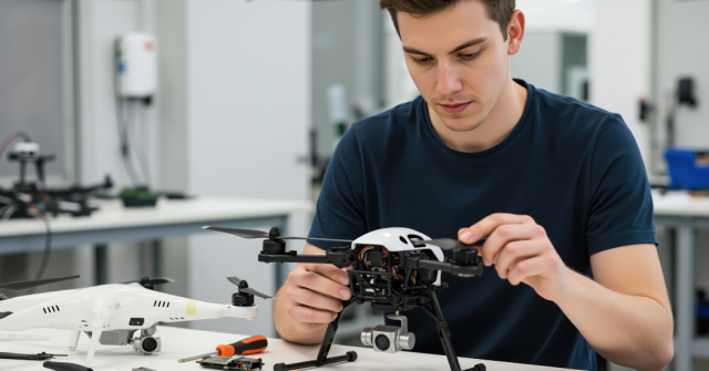 Man sitting at a table working on assembling a drone